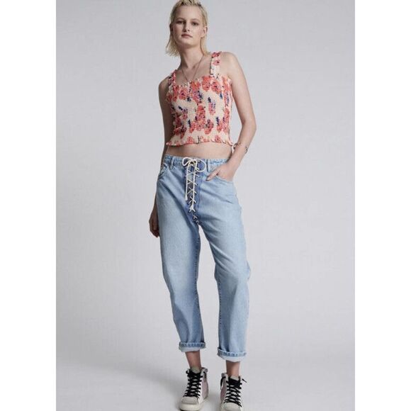 Free People BEST BLUE LACED BANDITS RELAXED JEANS Size 27 New - Picture 1 of 10